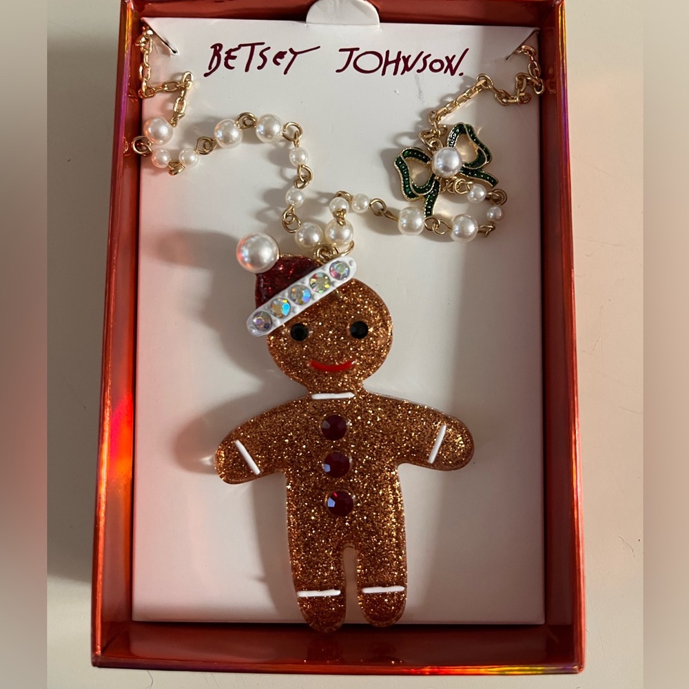 Betsey Johnson Christmas Sparkly Gingerbread Man Necklace with pearl accent